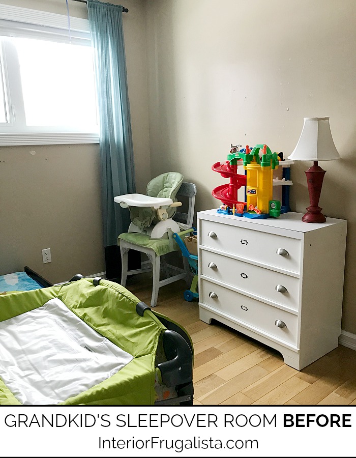 A shared kids guest room makeover for our grandkids on a budget. Grey painted walls, new furniture, and kids decor, plus DIY kids wall art ideas for under $400.