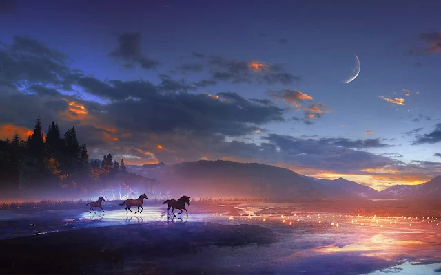 Horses Dreamy Scenery Wallpaper