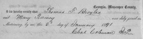 January 1871 marriage record of Thomas Broyles and Mary Rainey of Muscogee County Georgia