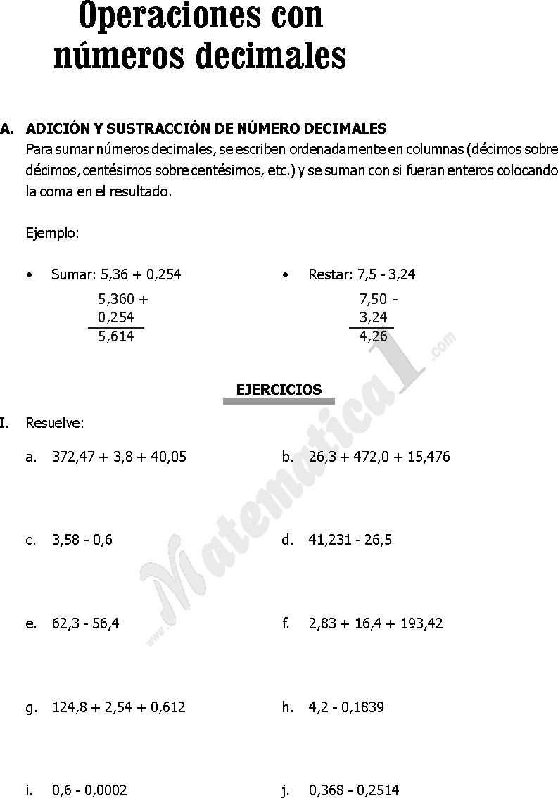 Un lugar para aprender. 6º Primaria: SUMAS Y RESTAS CON DECIMALES