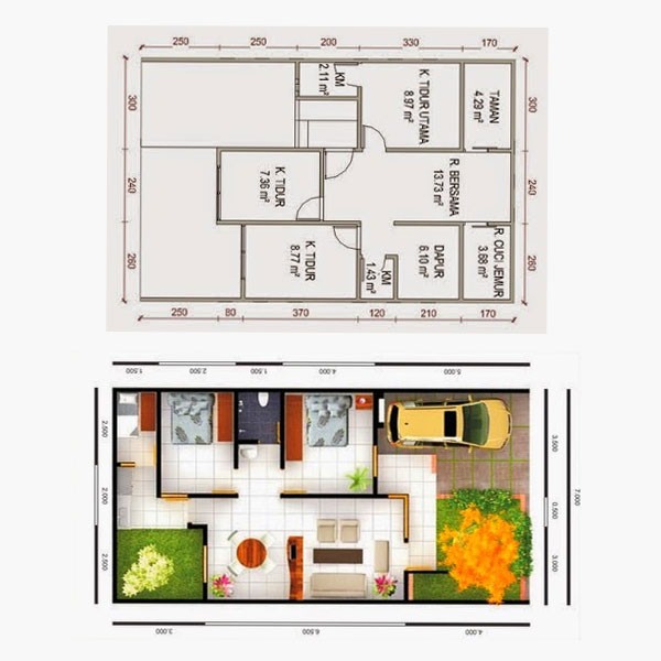 Gambar Denah  Rumah  Ukuran 9x6  2 Kamar Gambar Keren