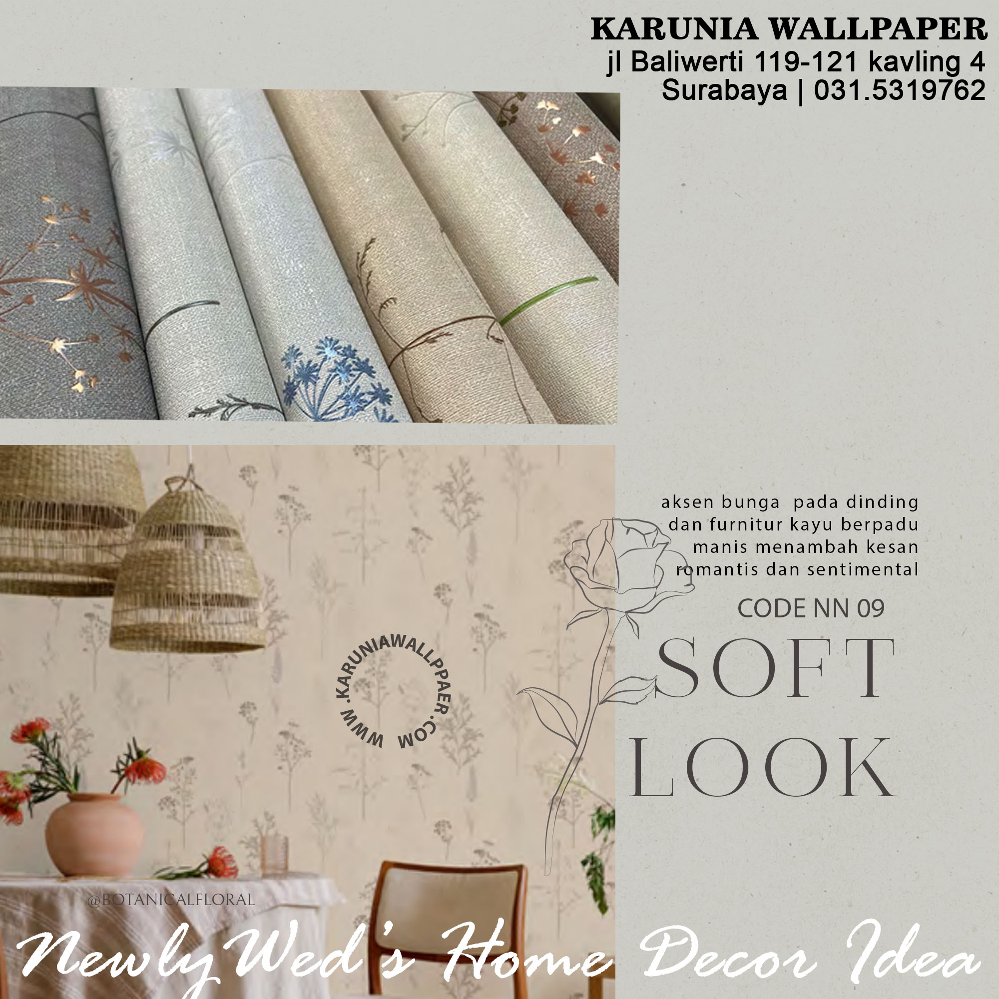 jual dekorasi dinding rumah wallpaper motif bunga romantis