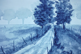 Back road near Laurencekirk, Angus, Scotland  7x10 inches. Ink wash on paper, c. 1990.  In a private collection in Brechin, Scotland