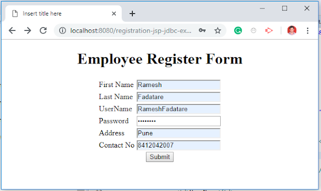 Employee Registration Module (Click at Registration Module using JSP + Servlet + JDBC + Mysql)