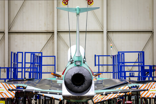 The tail assembly is installed on NASA's X-59 QueSST aircraft at Lockheed Martin's Skunk Works facility in Palmdale, California.