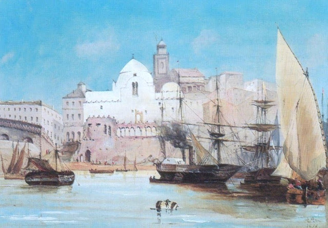 Bateaux dans le port d'Alger - Tableau en peinture à l'huile sur toile d'Adolphe Aze