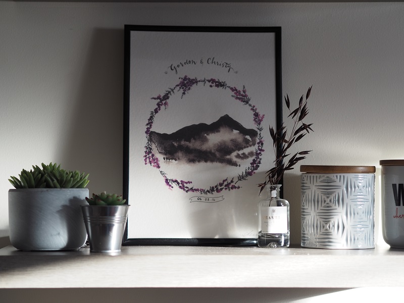 Personalised Bennachie print, framed on a shelf