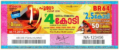 Kerala Lottery Result; 30-11-2018 "POOJA BUMPER Lottery Results" BR-64