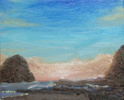 oil painting miniature Oregon Cape Kiwanda approaching fog bank at sunset