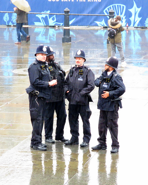 Met Police officers wearing custodian helmets, Trafalgar Square, City of Westminster, London