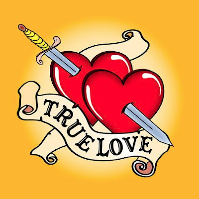 Double true love heart tattoo with dagger and banners.