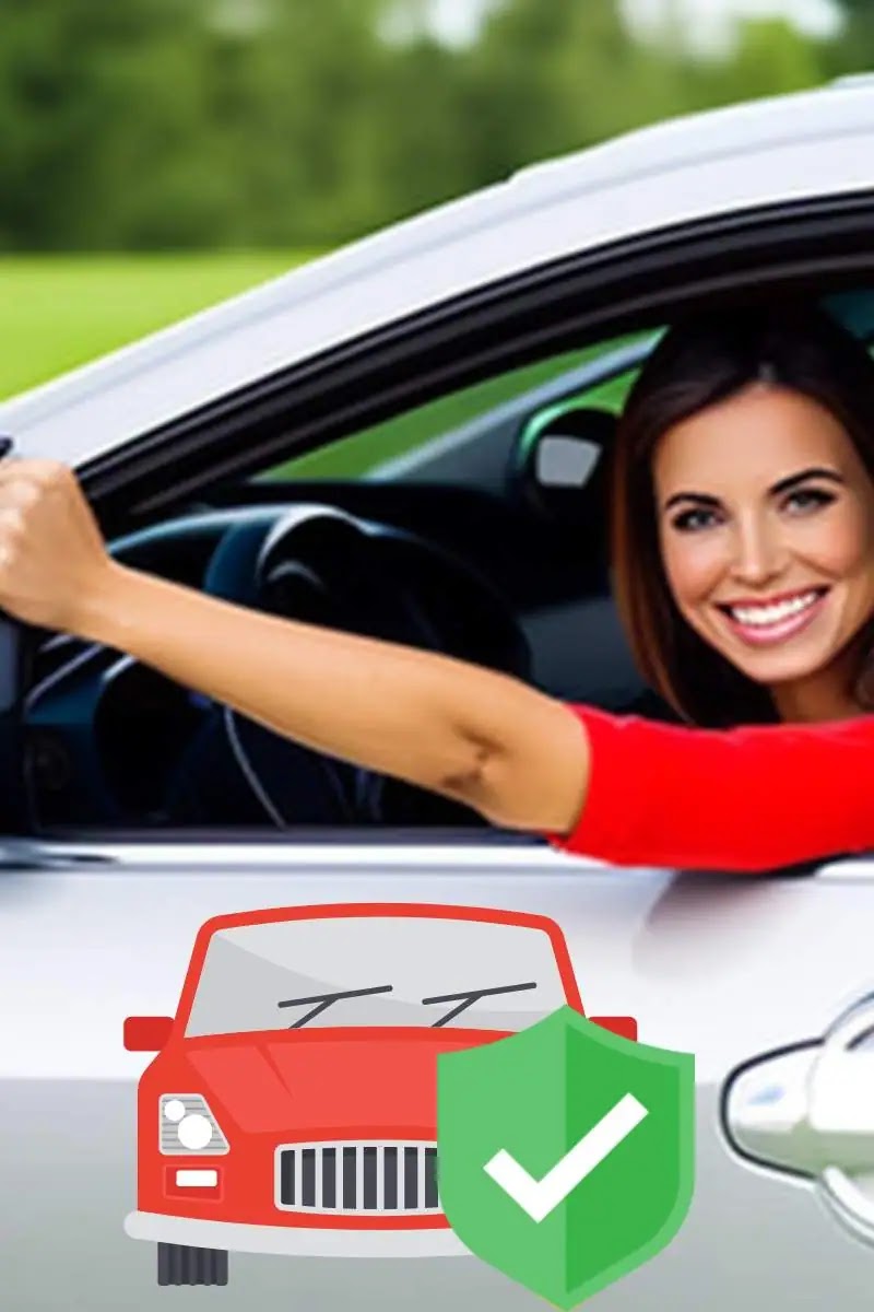 A smiling person behind the wheel of a car holding an auto insurance policy.