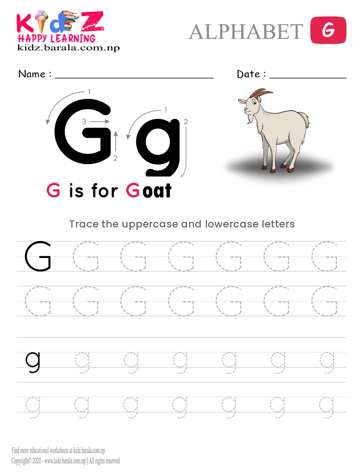 Alphabet G tracing worksheet free download .pdf