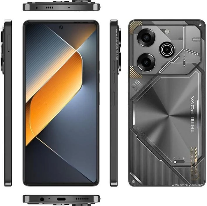 Tecno Pova 6 Pro (side, front, rear, top and bottom views).