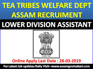 Directorate Of Tea Tribe Welfare Assam Recruitment 2019