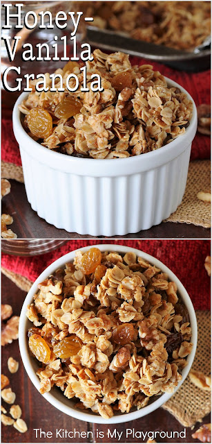 Homemade Honey-Vanilla Granola ~ A healthy & delicious snack that highlights the beautiful flavor of honey! Loaded with sunflower seeds, walnuts, golden raisins, vanilla extract, & pure honey, it's loaded with fabulous flavor, too.  www.thekitchenismyplayground.com