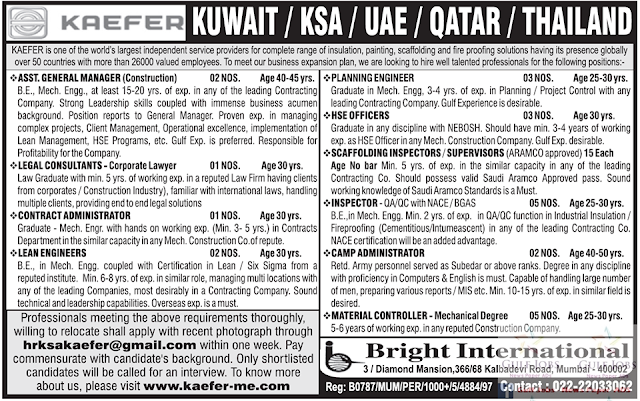 Kuwait, KSA, UAE, Qatar & Thailand job vacancies