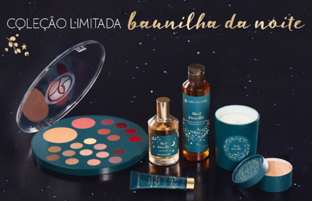 Foto da Paleta Baunilha da Noite de Rosto - Olhos - Lábios, Eau de Toilette Baunilha da Noite, Iluminador Rosto e Decote Baunilha da Noite, Óleo Duche Baunilha da Noite, Vela Perfumada Baunilha da Noite e Duo Iluminador Baunilha da Noite num fundo preto com pequenas estrelas e pontos de luz