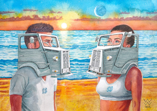 Watercolour of a couple on a beach at sunset, wearing masks that are scale models of Citroën H vans, by W. Walkington in 2022