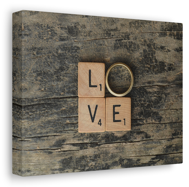 Valentine Canvas Gallery Wrap With Love Word Written With Scrabble Pieces on Wooden Background