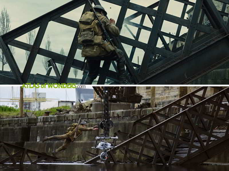 Scene soldier climbing a wrecked bridge