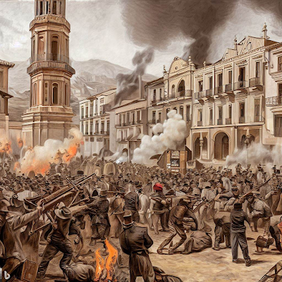 Imagen de la plaza del ayuntamiento de Alcoy con el campanario y con los trabajadores sublevados durante la revolución del petróleo de 1873