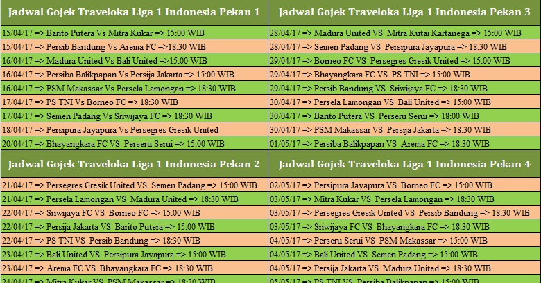 Jadwal Gojek Traveloka Liga 1 Indonesia 2017 Pekan Ke- 2 3 4 - Jadwal ...