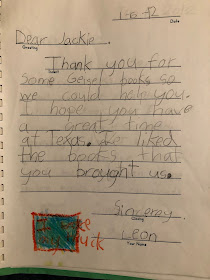 1-6-12. Dear Jackie. Thank you for some Geisel books so we could help you. I hope you have a great time at Texas. I liked the books that you brought us. Sincerely Leon. I Like My Truck. 
