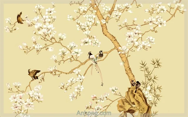 Tranh mai vàng và đôi chim trên nền vàng nghệ treo quán cà phê