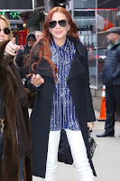 Lindsay Lohan in Blue Shirt & White Leggings at Out in New York City