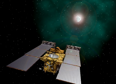 Stardust-NExT spacecraft approaches Comet Tempel-1. Artist impression. NASA, 2011.