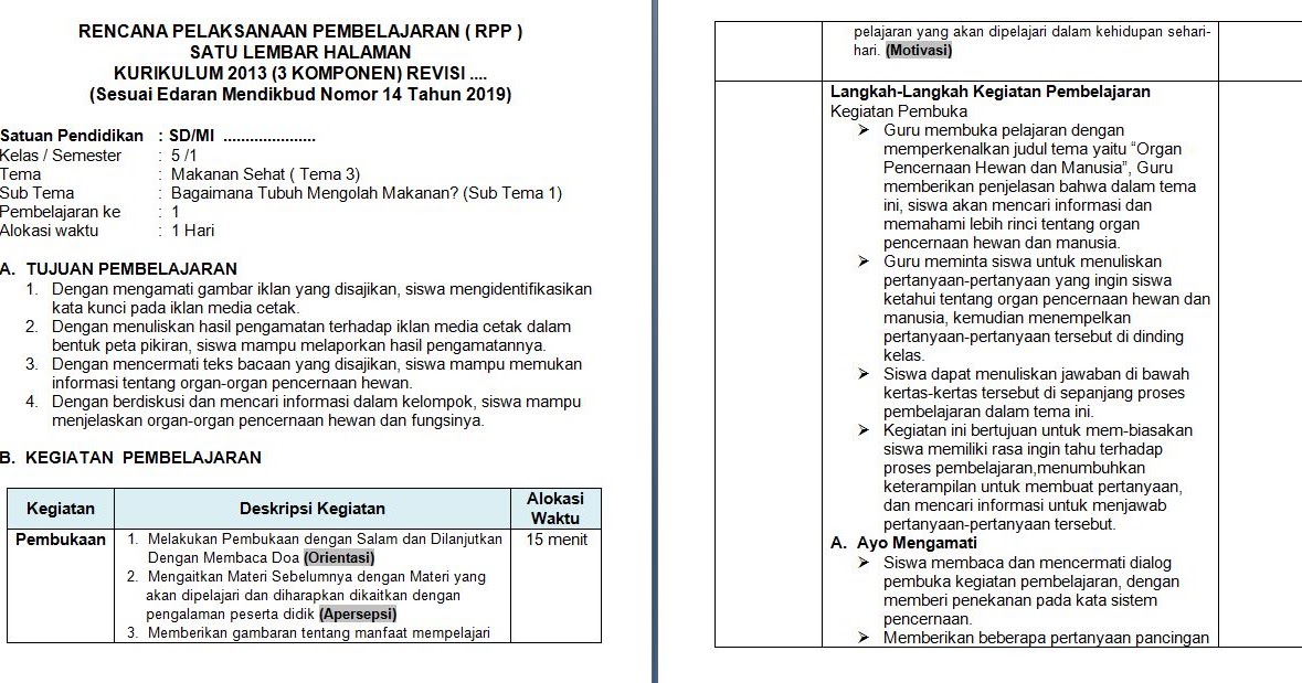 RPP Tema 3 Kelas 5 Satu Lembar Halaman Kurikulum 2013