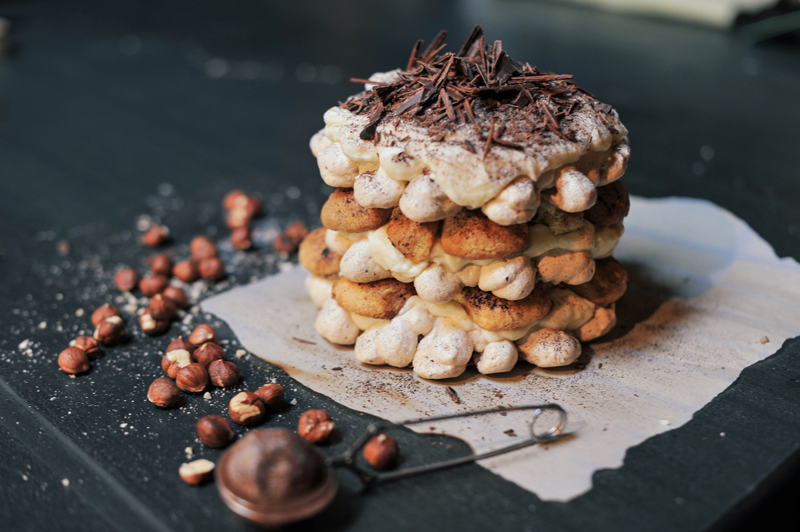 Dark Chocolate Tiramisu with Hazelnuts and Meringue