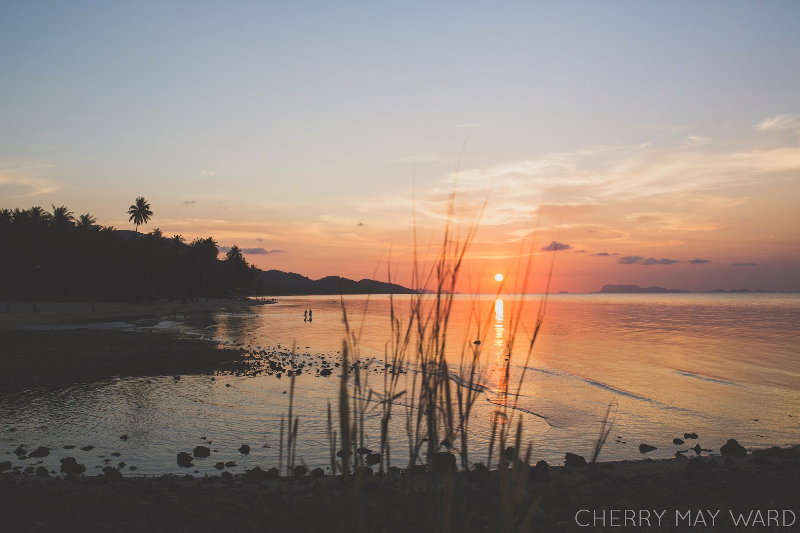 Beautiful sunset on Ban Tai beach, Koh Samui, orange hues, sunset over the water on Koh Samui