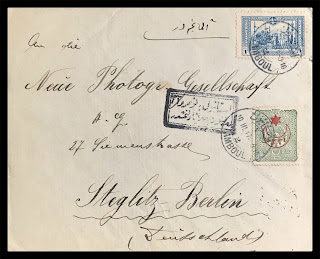 Front of envelope sent by Ali Eniss to Berlin's Photographische Gesellschaft from the Ottoman Empire.