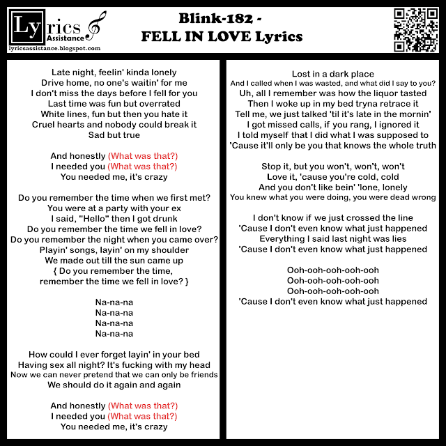 Blink-182 - FELL IN LOVE Lyrics| lyricsassistance.blogspot.com