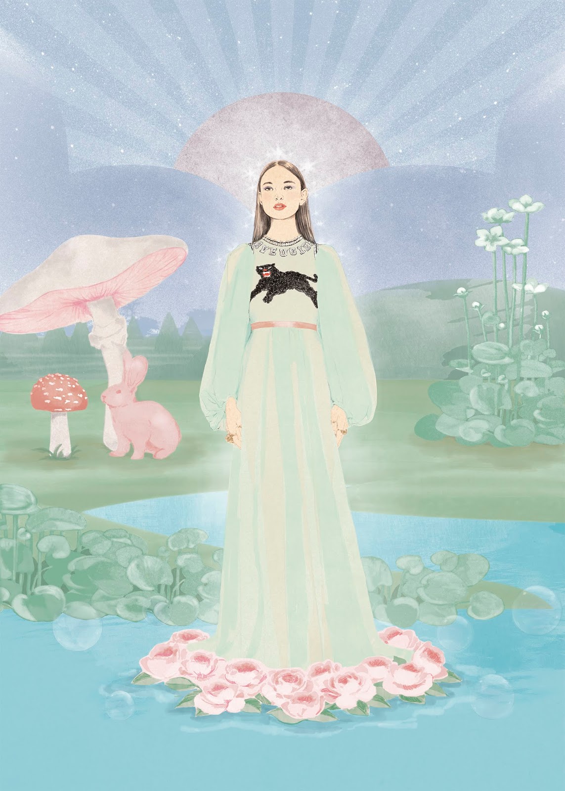 Ilustración Paula Blanche de joven virginal en medio de lago sobre descanso de flores