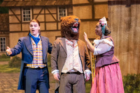 IN REVIEW: (from left to right) tenor COLLIN MCCREA as Principál, tenor ZACHARY TAYLOR as Vašek, and soprano MICHAEL ADAMS as Esmeralda in UNCG Opera Theatre's 2022 production of Bedřich Smetana's PRODANÁ NEVĚSTA [Photograph © by UNCG Opera Theatre]