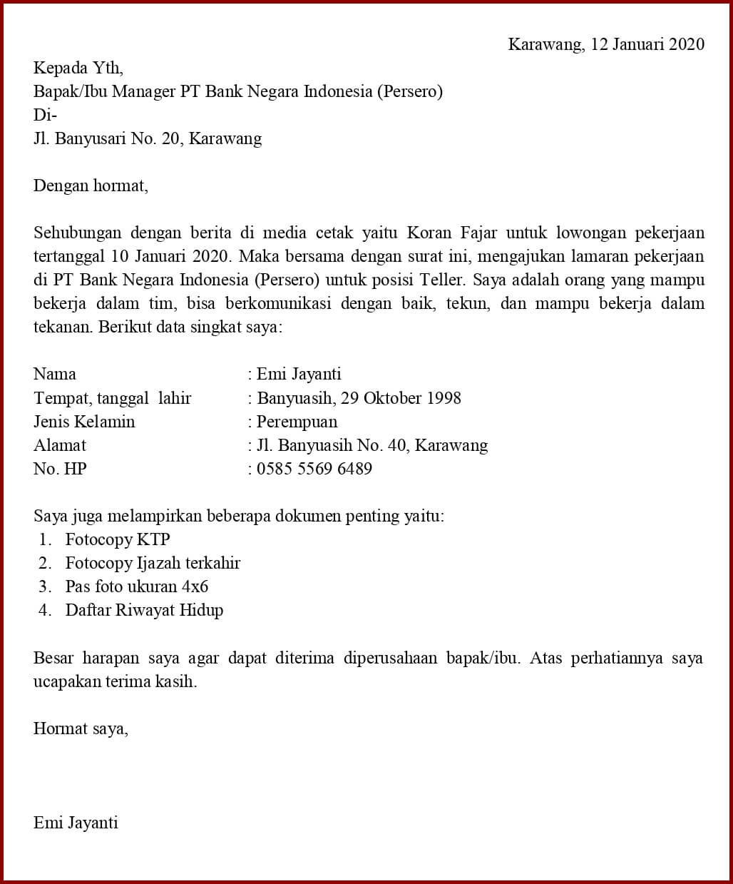 Contoh Surat Application Letter Posisi Teller