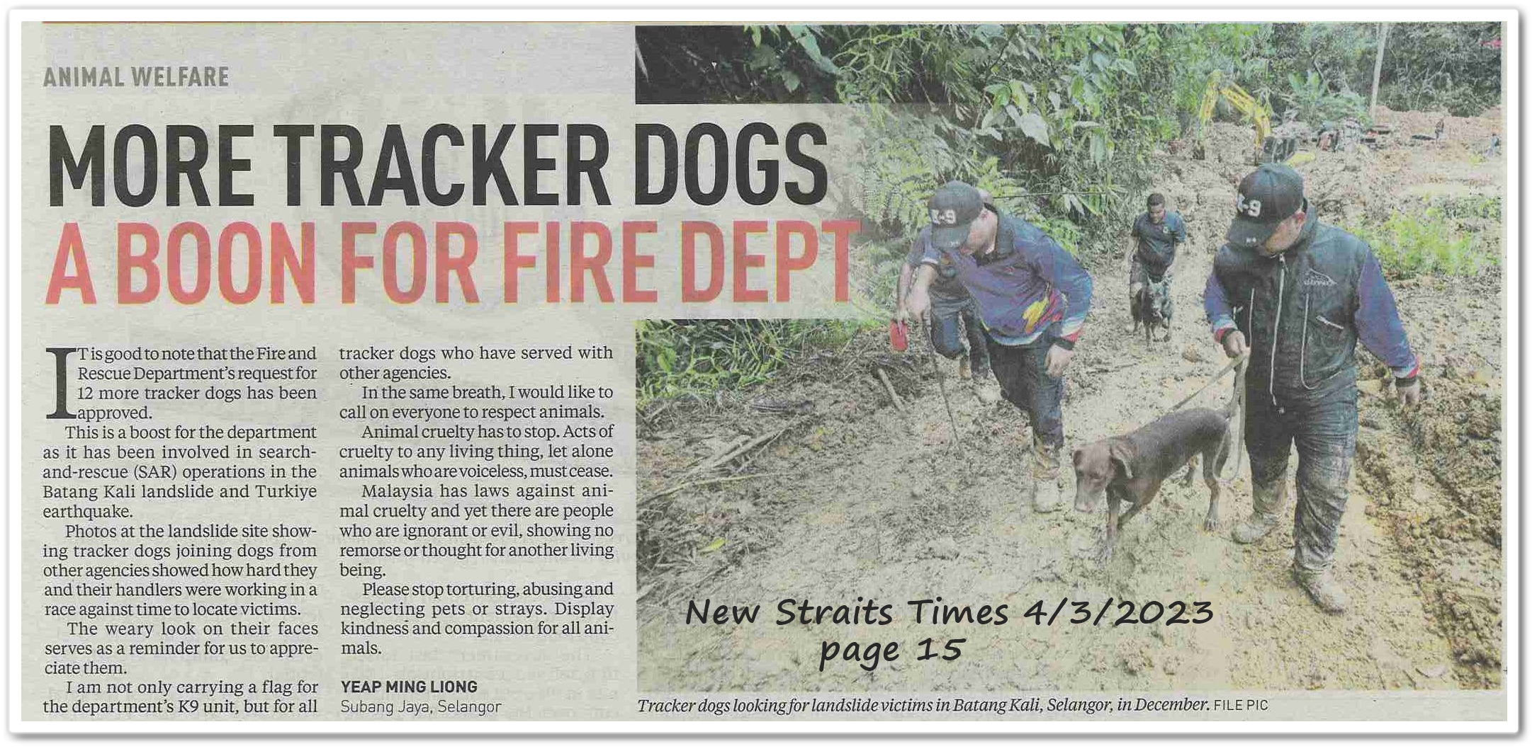 More tracker dogs a boon for Fire Dept - Keratan akhbar New Straits Times 4 March 2023