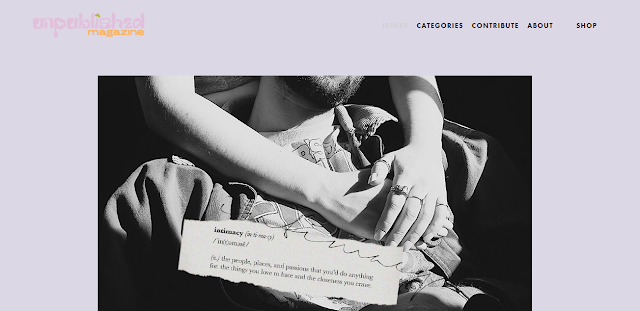 The website 'Unpublished Magazine'. An image of a pair of hands draped around another person from behind. The text on this image reads 'intimacy'