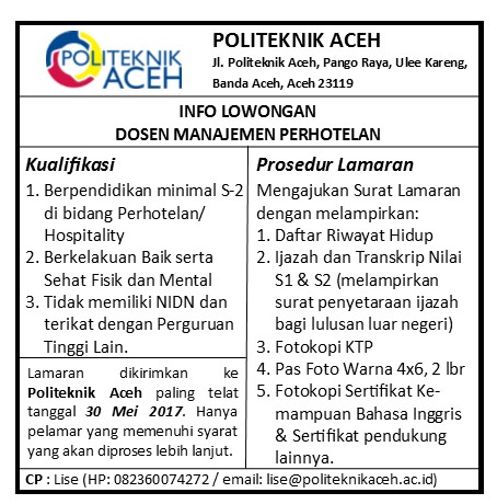 Lowongan Dosen Manajemen Perhotelan Politeknik Aceh 2017 