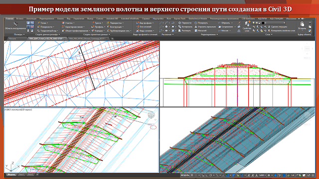 Пример модели земляного полотна и верхнего строения пути созданная в Civil 3D