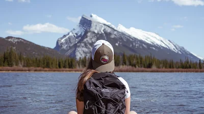 Alone Girl With Backpack Enjoying Mountains Landscape