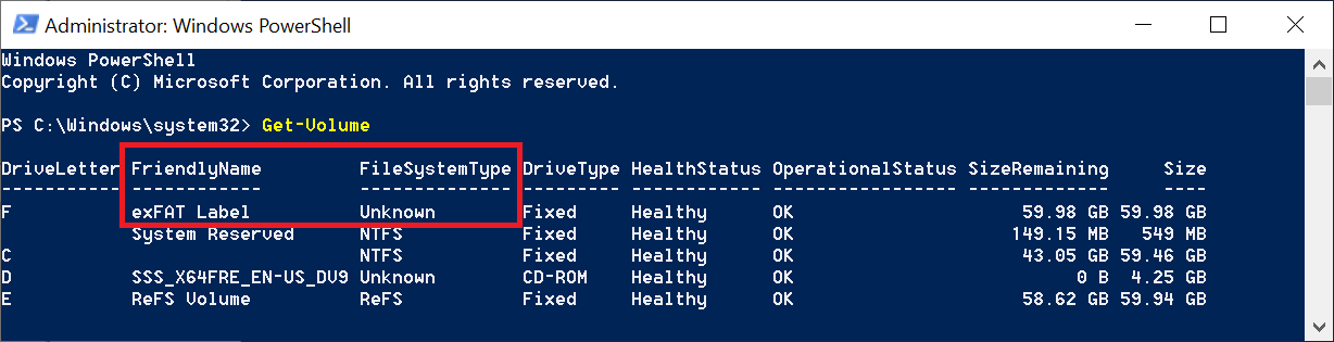 PowerShell Get-Volume exFAT File System type Unknown