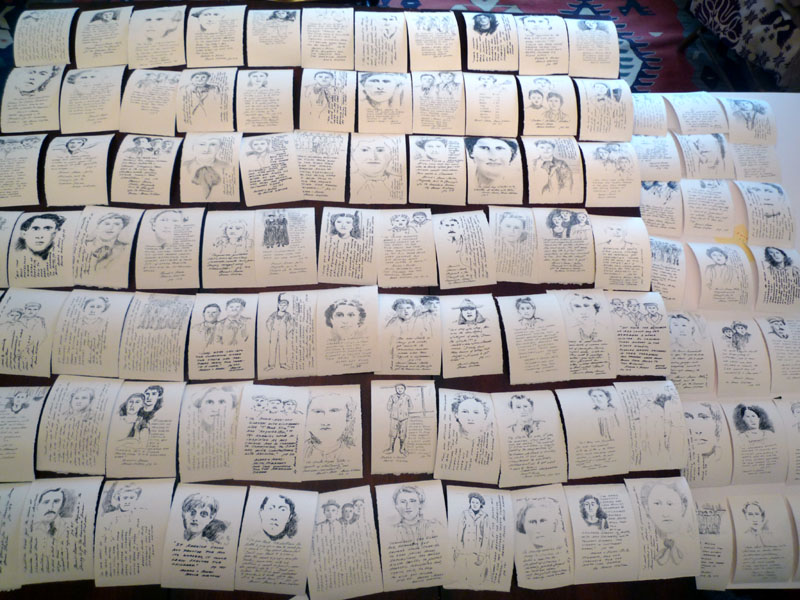 I finished 100 4x6 drawings with text from Bread Roses 
