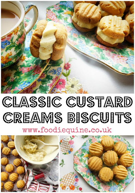 www.foodiequine.co.uk Custard Creams frequently top polls of the nation’s favourite biscuit. This classic traditional homemade version is way better than shop bought with a crumbly melt in the mouth texture and a generous vanilla buttercream filling.