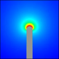 Intensité du champ électromagnétique sur la pointe du nanotube. Document Zettl Research Group/LBNL/UCB.