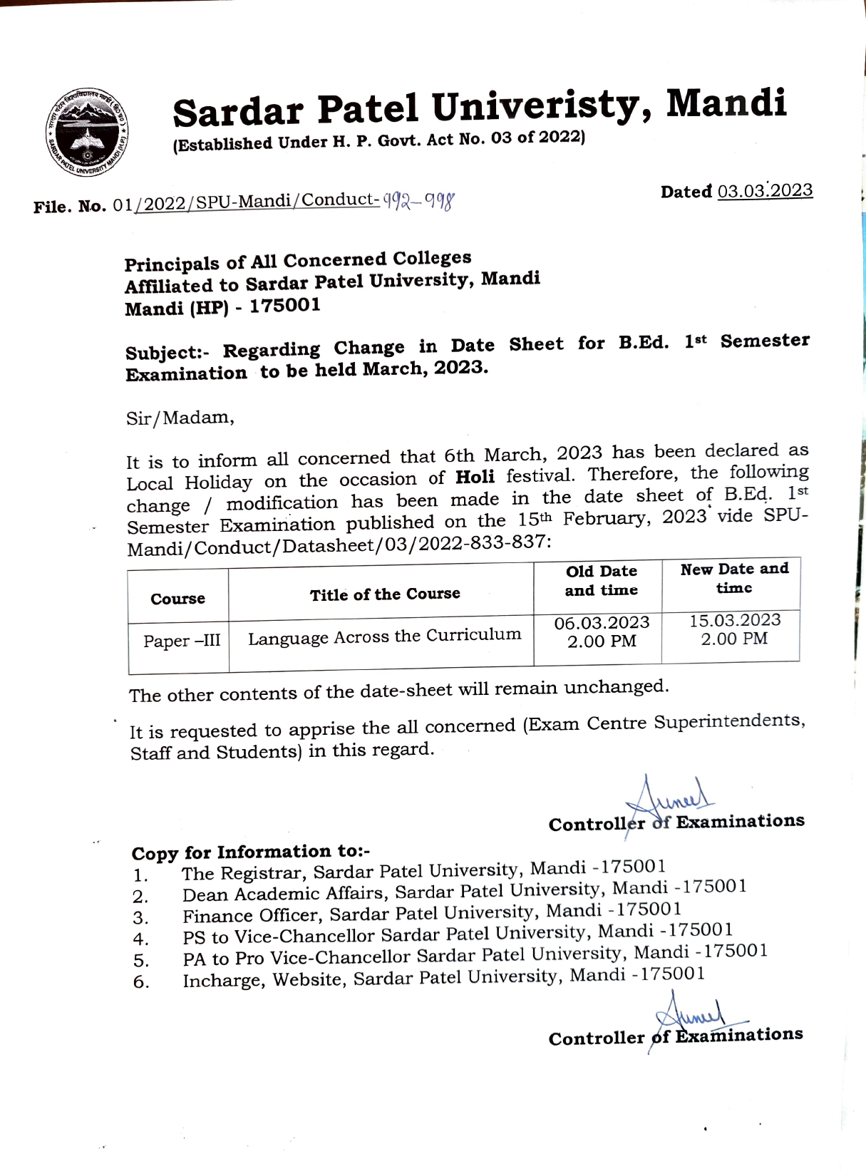 Notification regarding change in the Date sheet of B.Ed. Examination-SPU Mandi