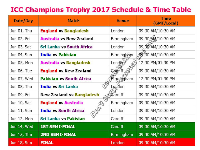ICC Champions Trophy 2017 Schedule & Time Table - Notebook 